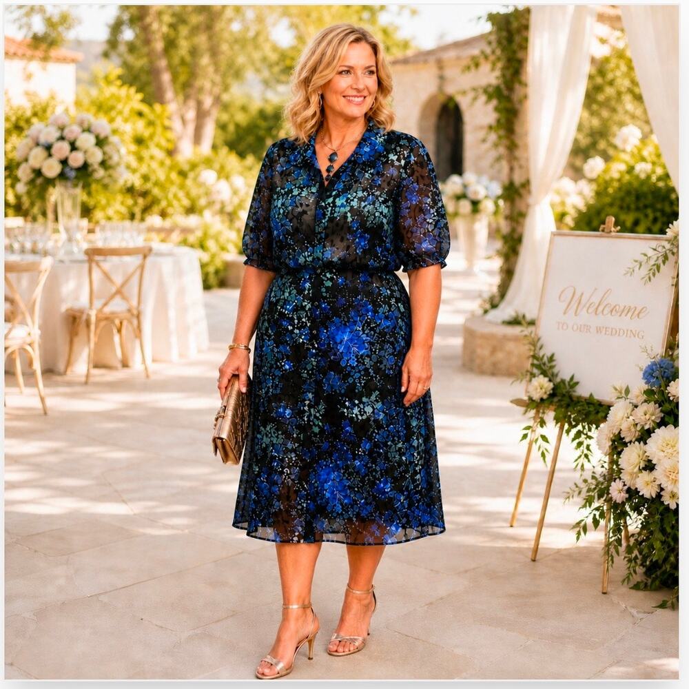 Maree Pour Toi Women’s Blue Floral Burnout Silk Shirt Dress Plus 20 2X NEW NWOT